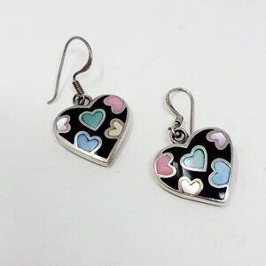 Sterling Silver Multi Colored Mother of Pearl Heart Dangle Earrings Black Enamel